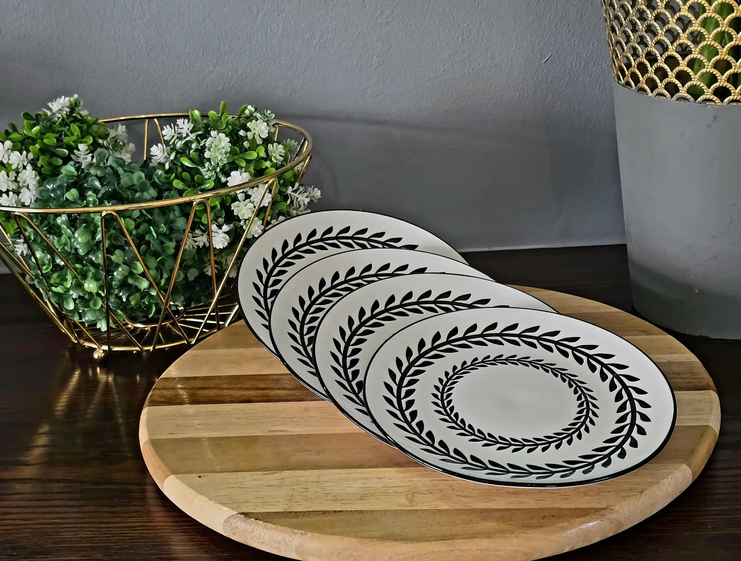 Set of 4 White with Black Pattern Plates