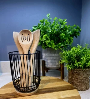 Black Cutlery Holder with wooden round base
