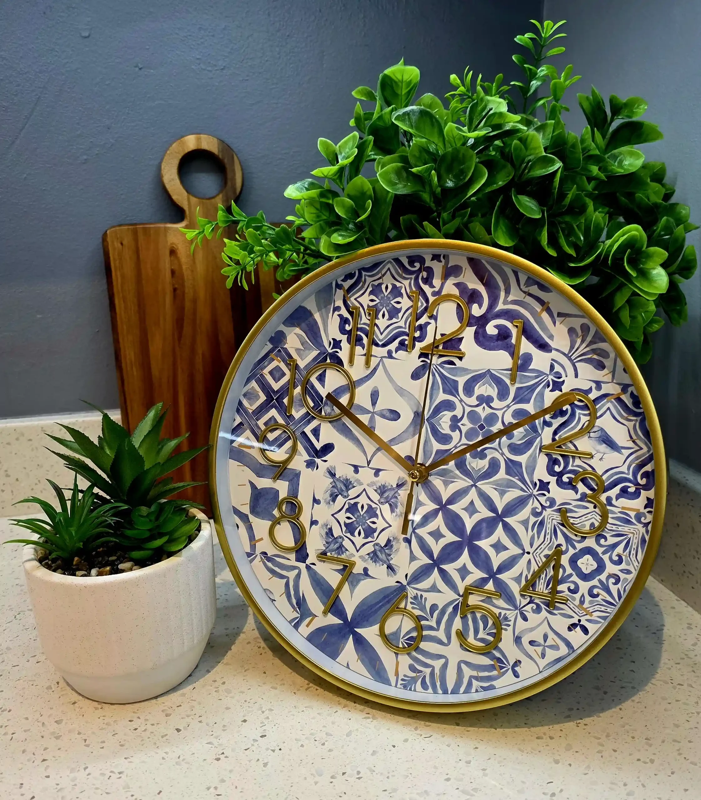 Gold Blue Pattern Wall Clock - Image 3