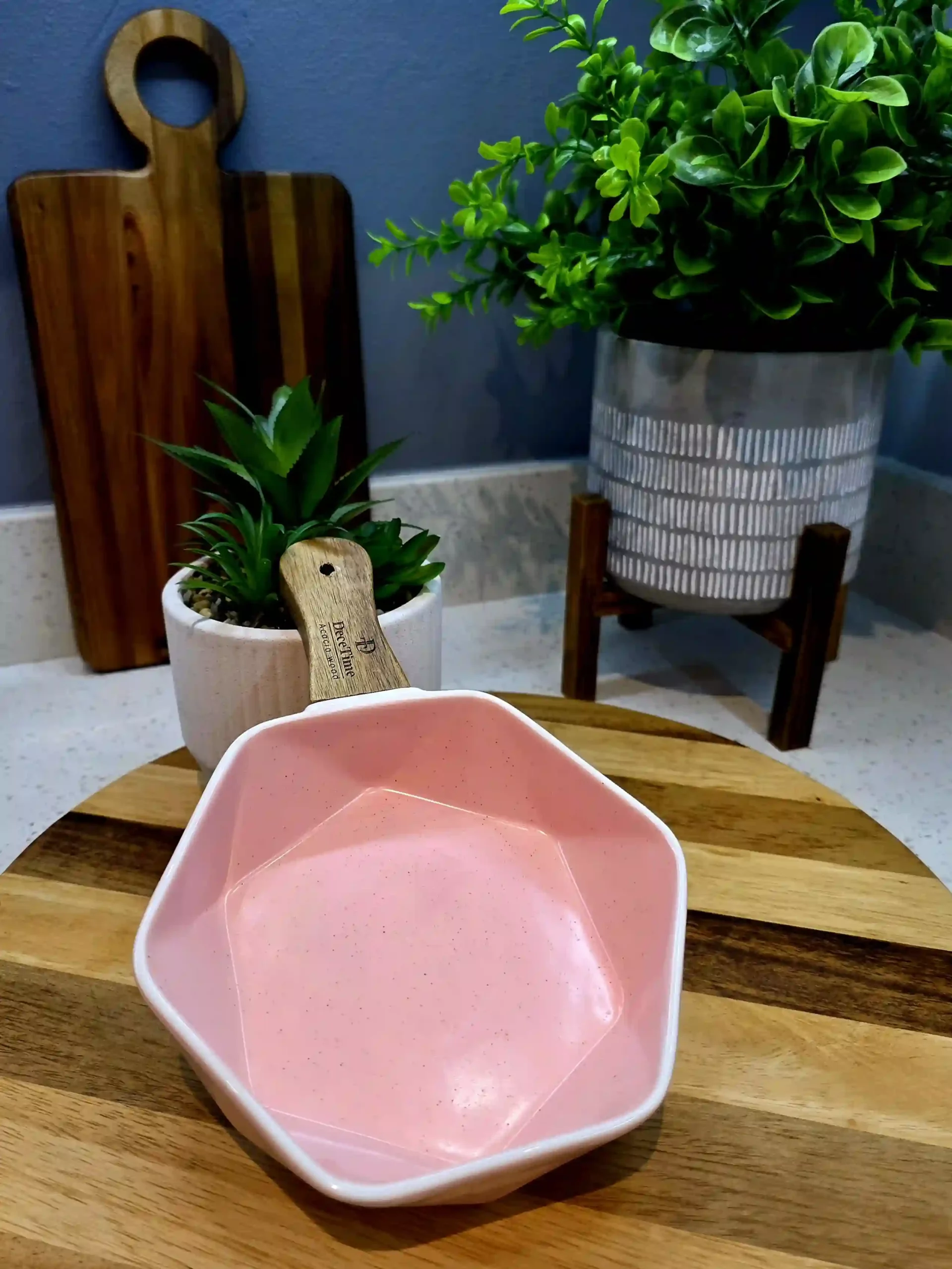 Wooden Handle - Ceramic Serving Bowl - Pink - Image 2