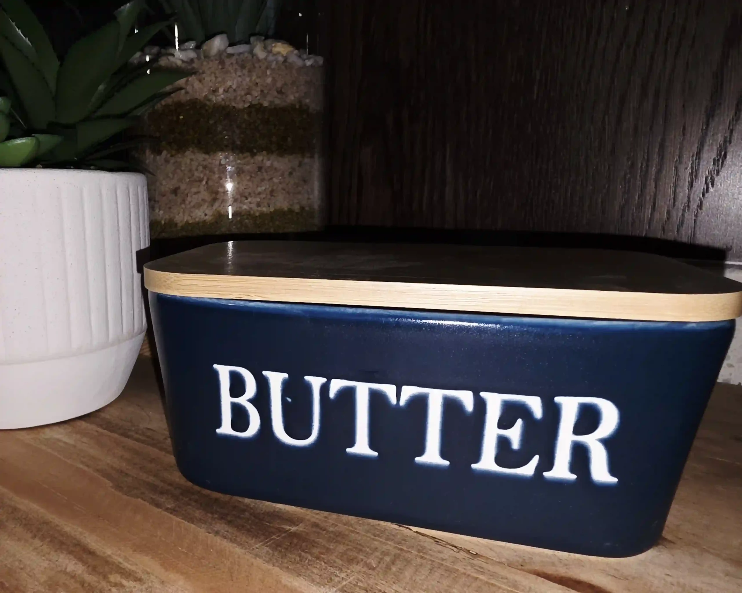 Navy Blue Ceramic Butter Dish with wooden Lid - Image 3