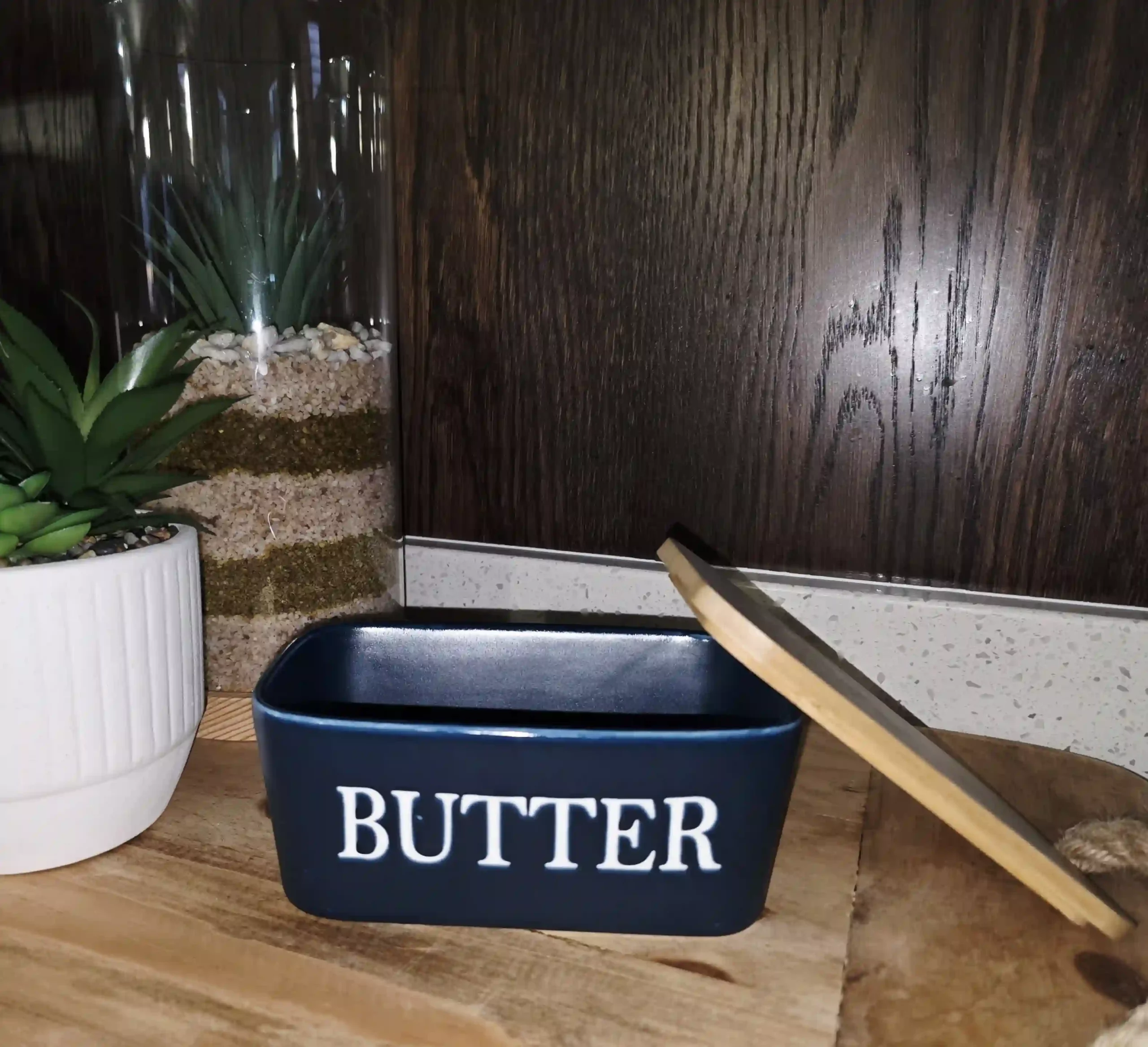 Navy Blue Ceramic Butter Dish with wooden Lid - Image 2