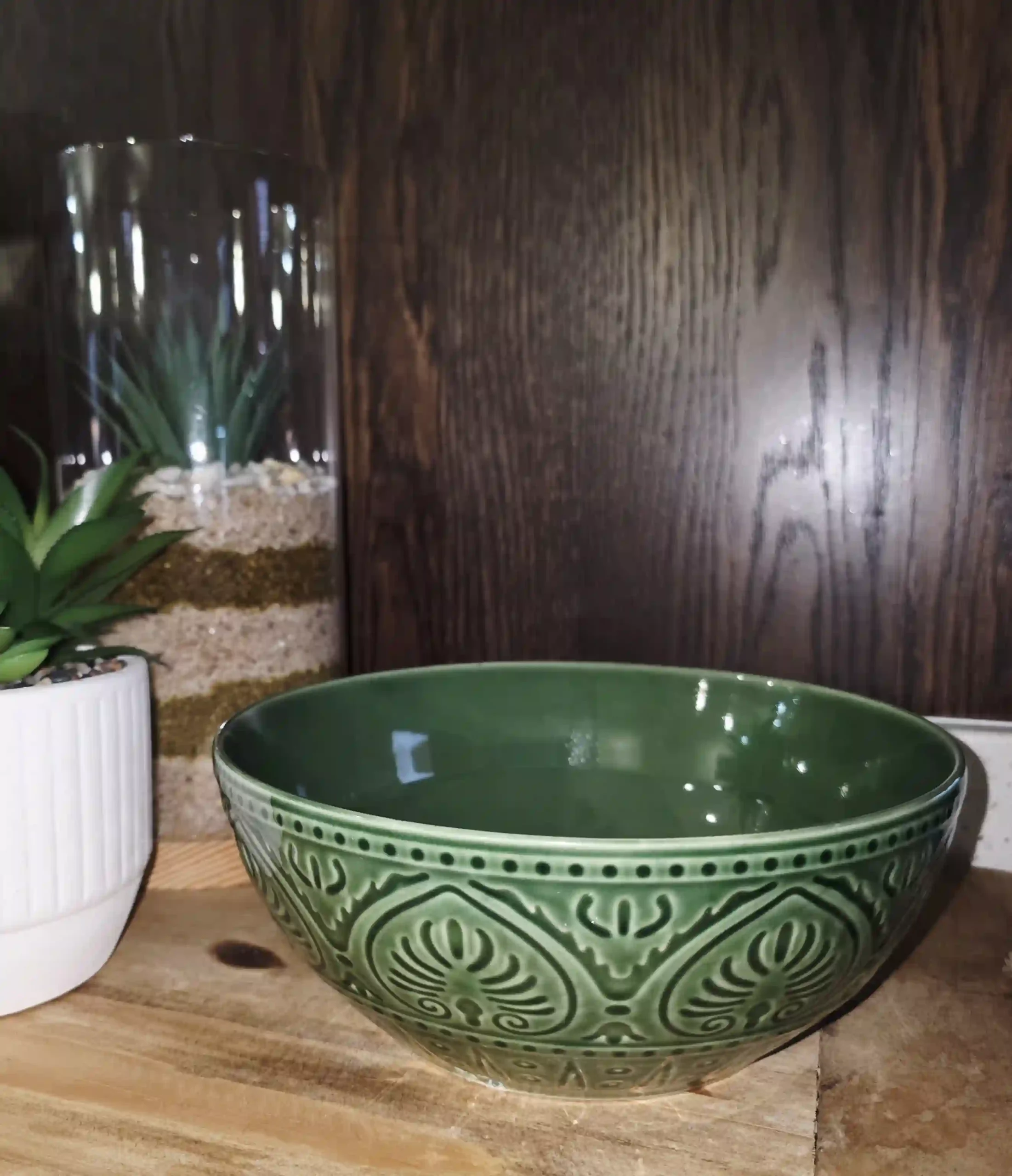 Ceramic Olive Green Textured Patterned Bowl - Image 2