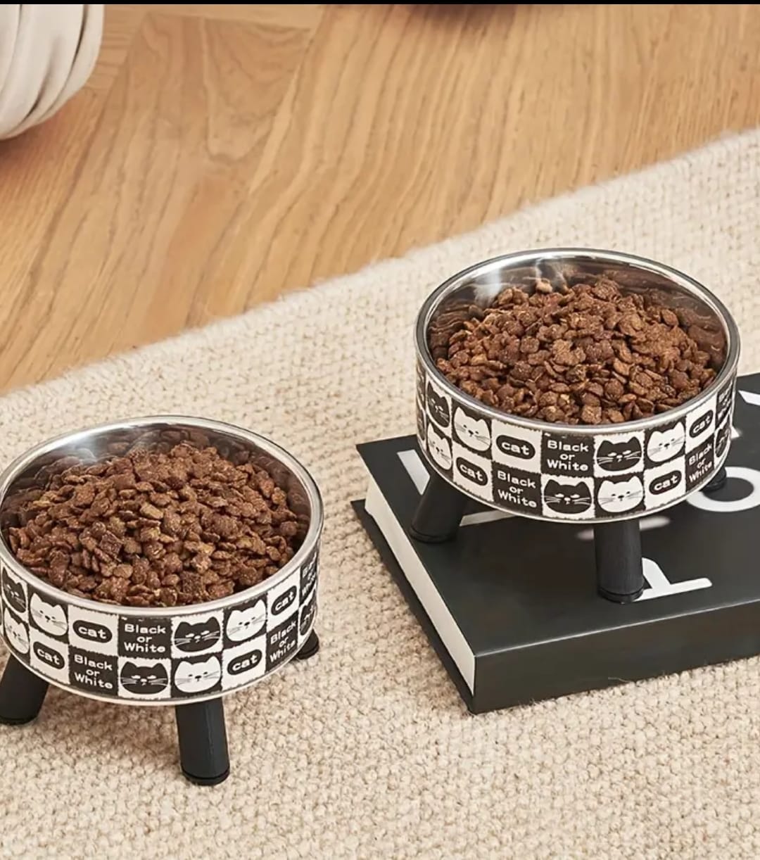 Retro Elevated Stainless Steel & Plastic Cat Patterned Cat Bowl