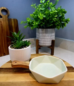 Wooden Handle - Ceramic Serving Bowl - Cream