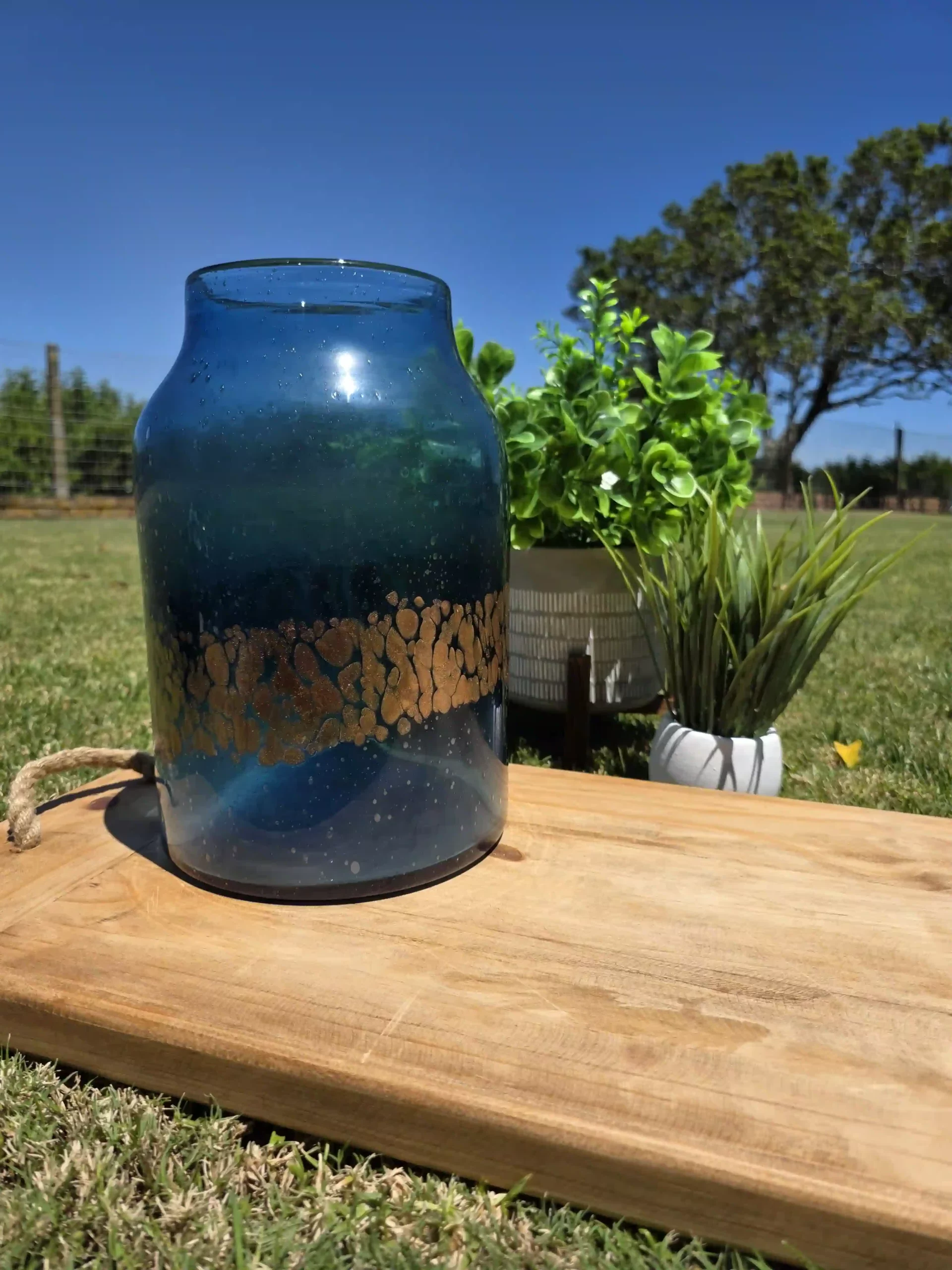 XL Blue & Gold Glass Vase