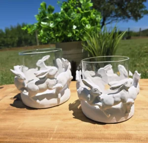 Large White Round Bunny Candle Holder Set of 2