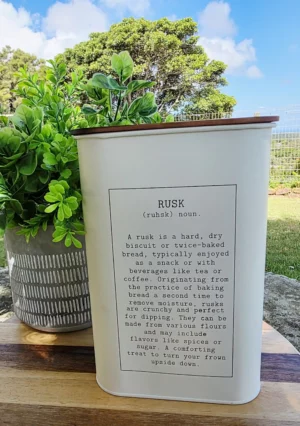Large size Rusk Canister - with writing & wooden lid