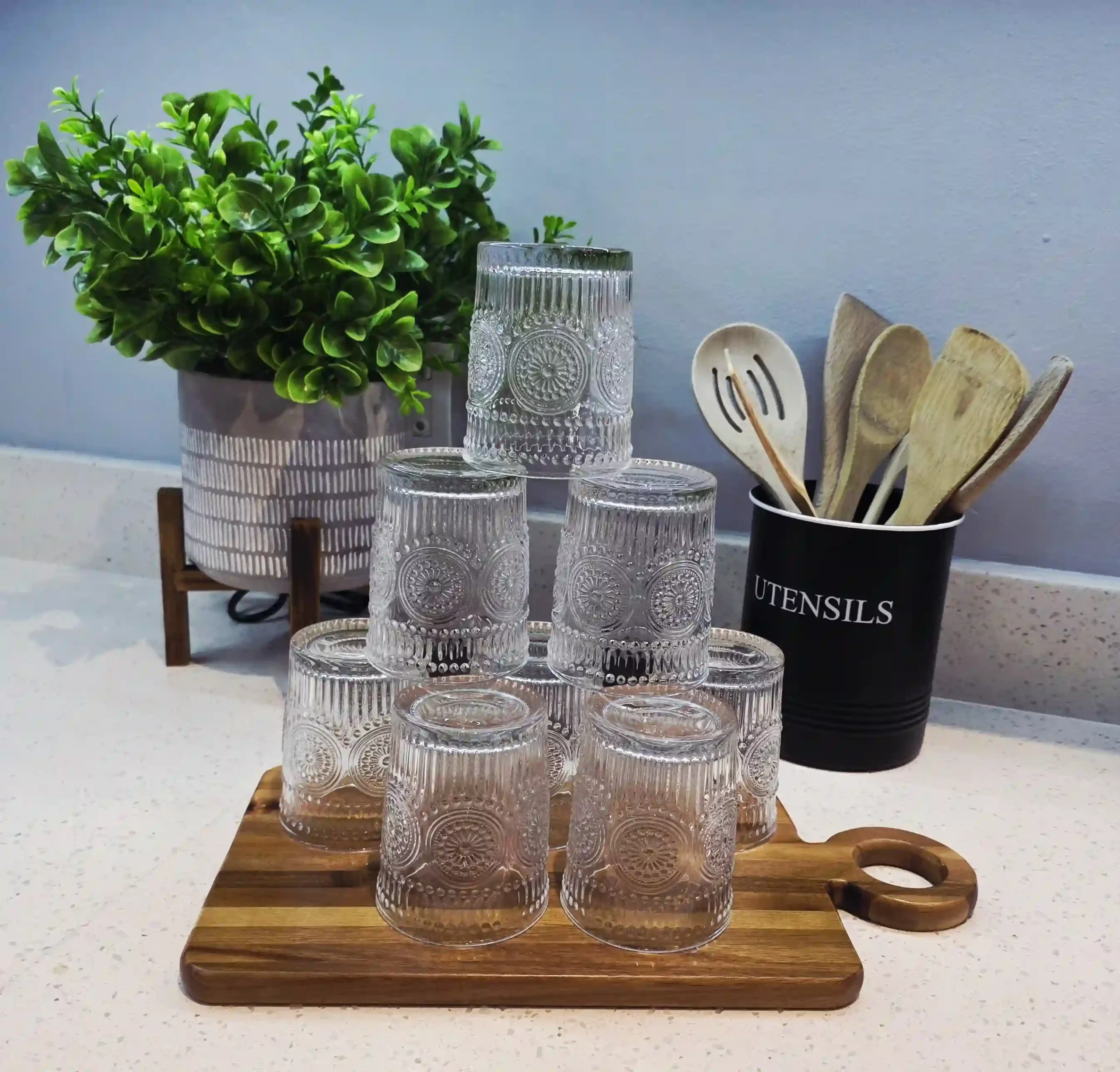 Hi Ball Clear Drinking Glasses with pattern - 8 Piece