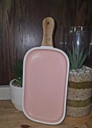 Wooden Handle - Ceramic Serving Bowl - Pink - Rectangular