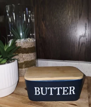 Navy Blue Ceramic Butter Dish with wooden Lid