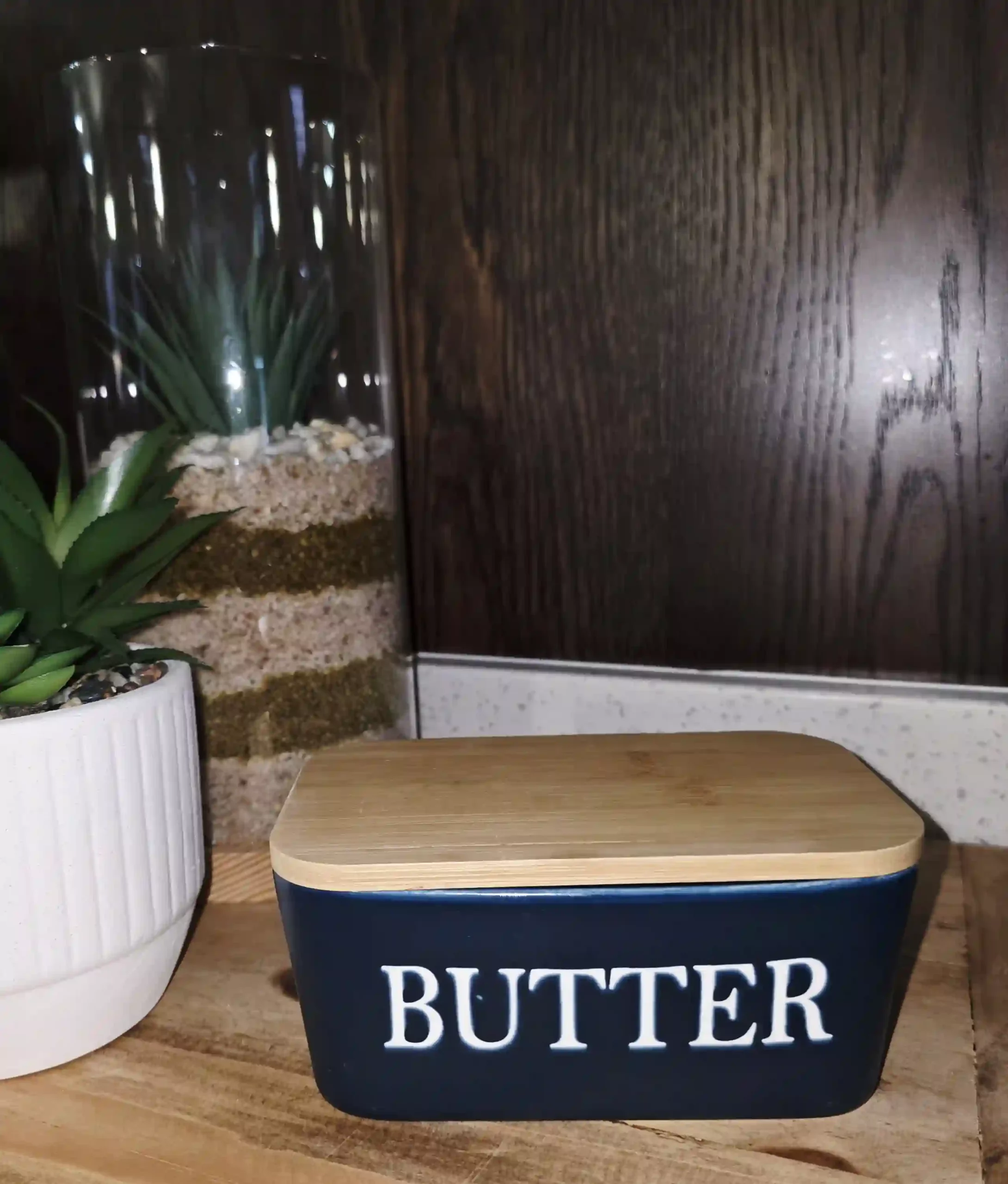 Navy Blue Ceramic Butter Dish with wooden Lid