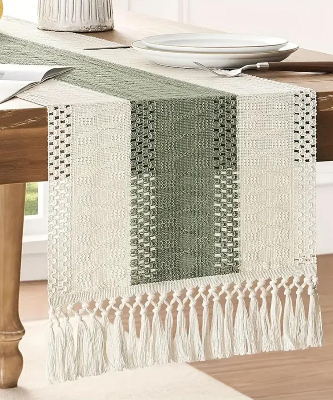 Green Boho Crochet Table Runner