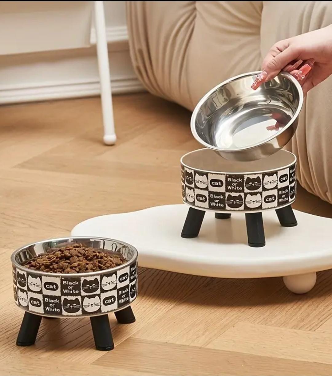 Retro Elevated Stainless Steel & Plastic Cat Patterned Cat Bowl - Image 3