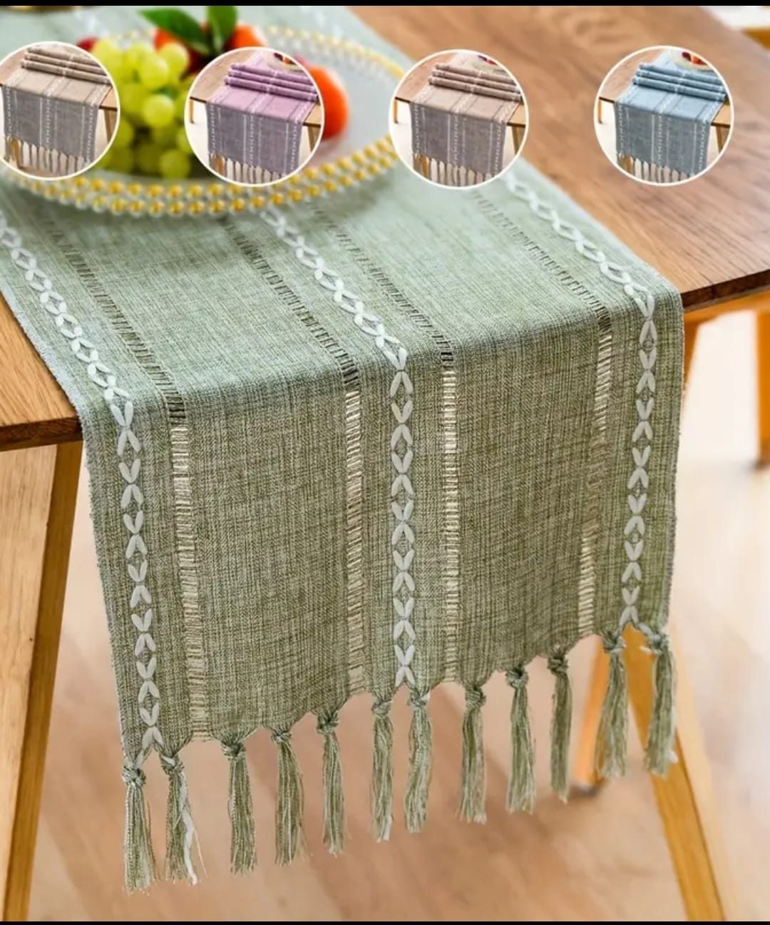 Rustic Olive Green Farmhouse Boho Linen Table Runner - Image 3