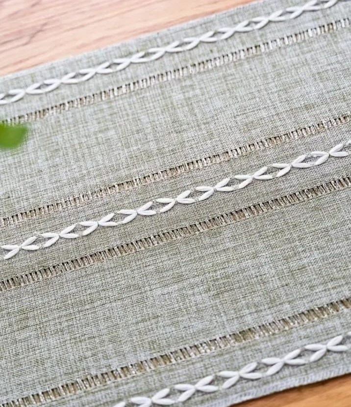 Rustic Olive Green Farmhouse Boho Linen Table Runner - Image 2