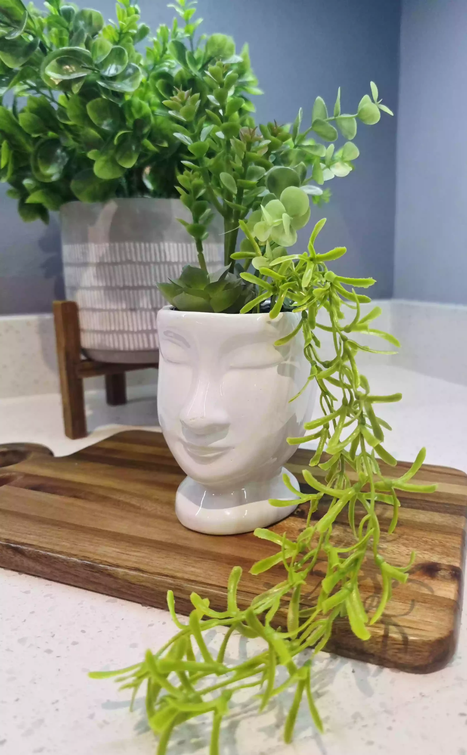 White Ceramic Face Planter with Artificial Succulents - Image 2