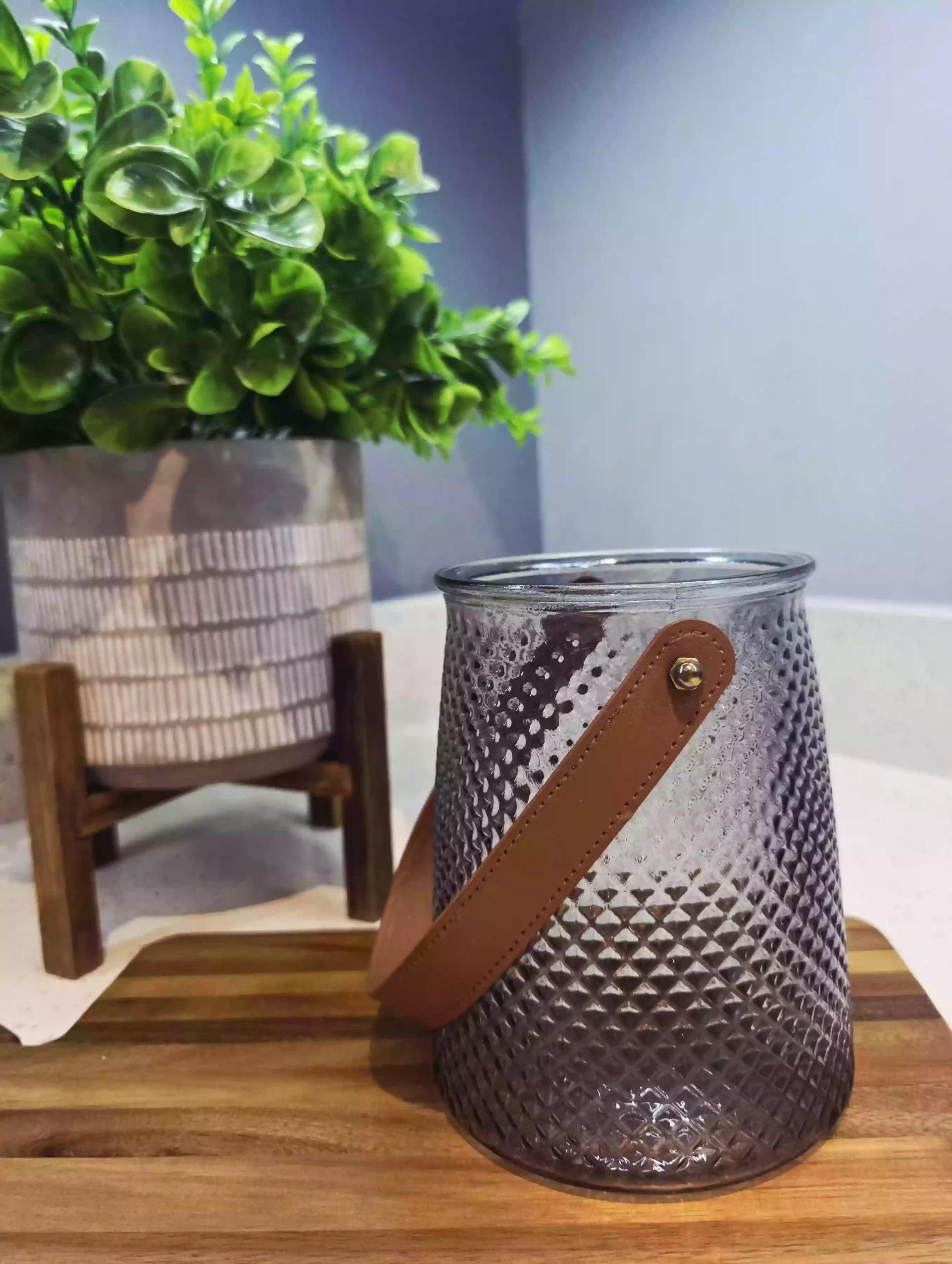 Diamond Textured Lantern / Candle Holder with Leather Strap – Smokey - Image 2