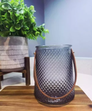 Diamond Textured Lantern / Candle Holder with Leather Strap – Smokey
