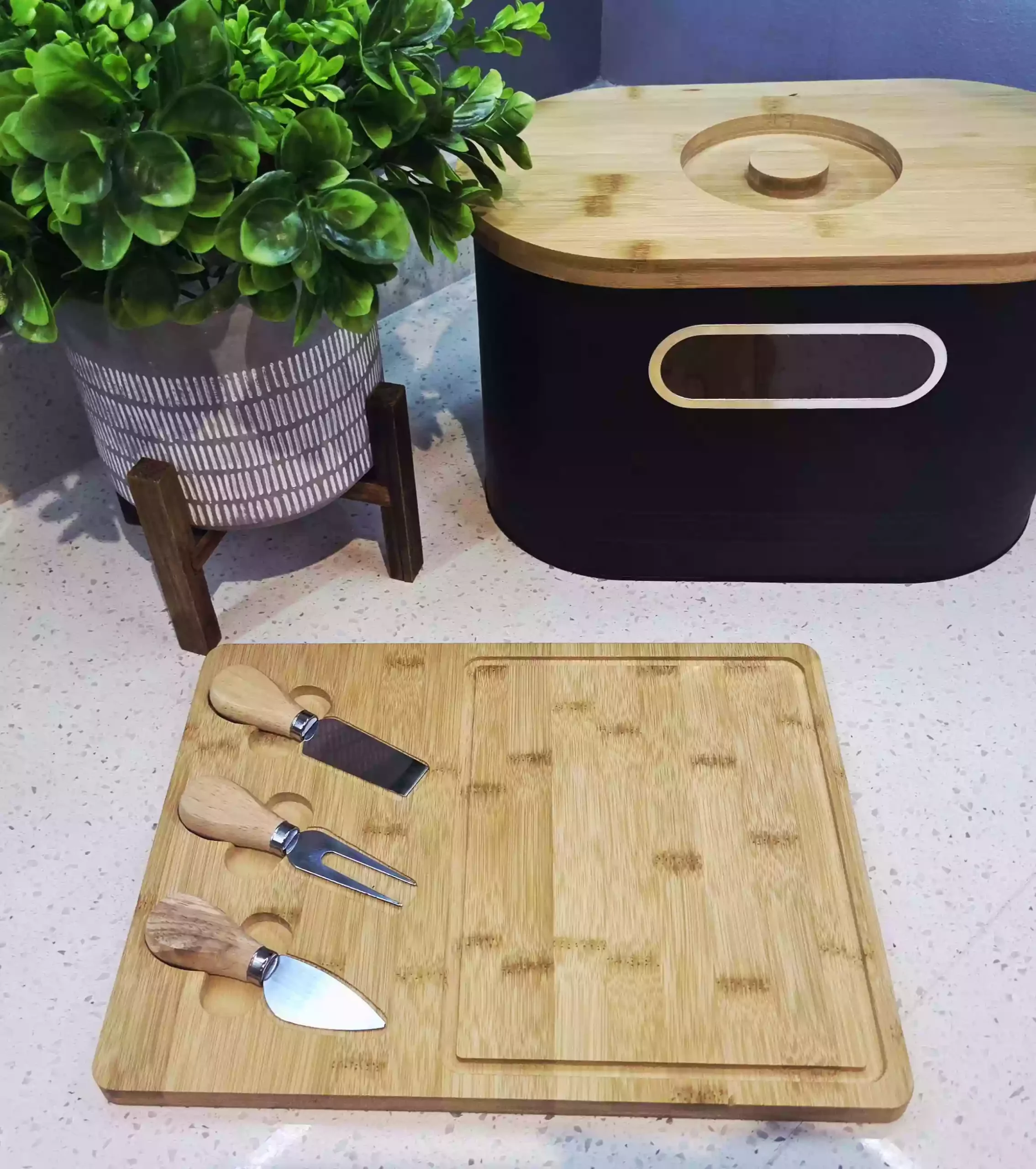 Rectangular Bamboo Cheese Board Set with 3 Knives - Image 3