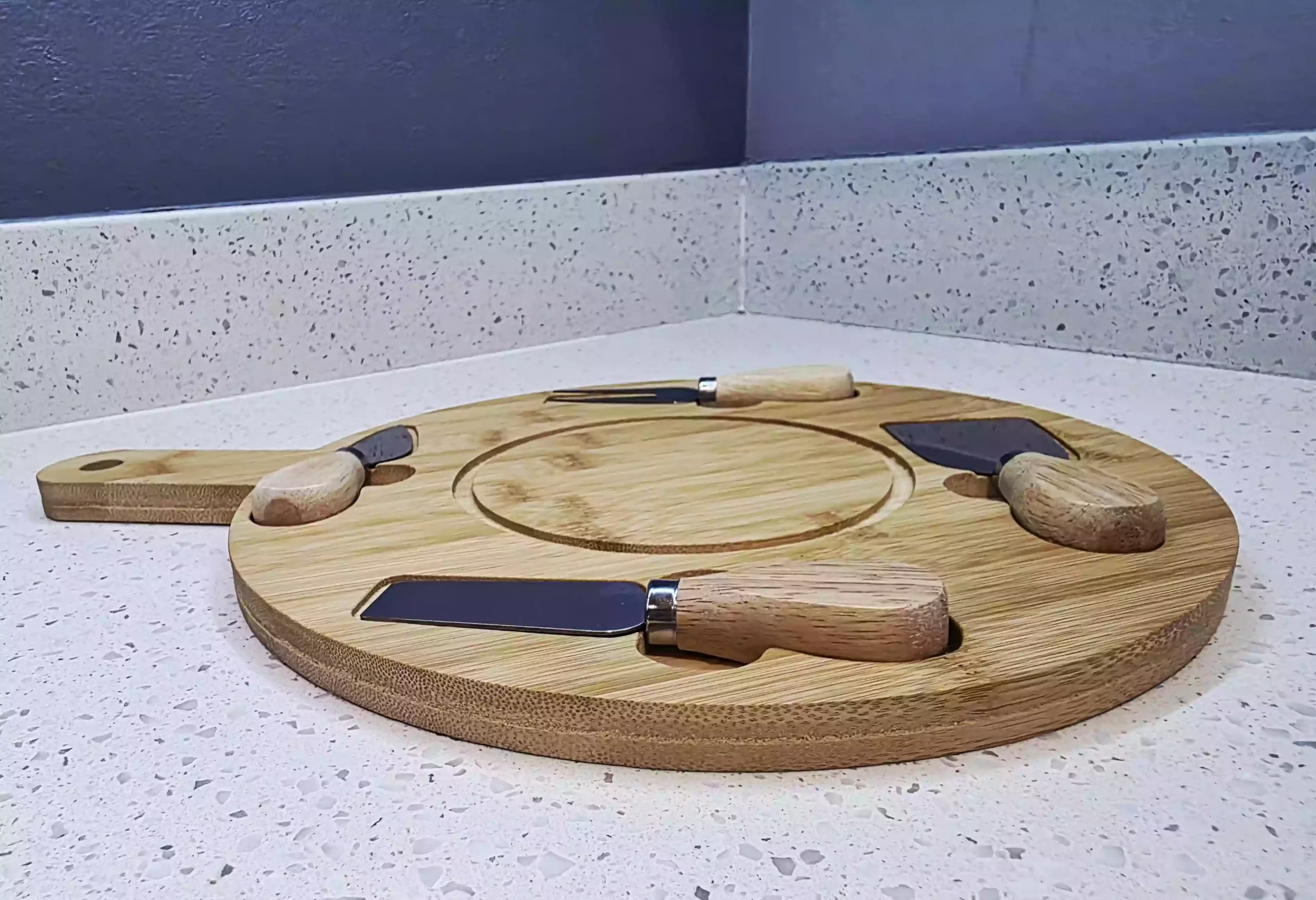 Round Bamboo Cheese Board Set with 4 Knives - Image 2