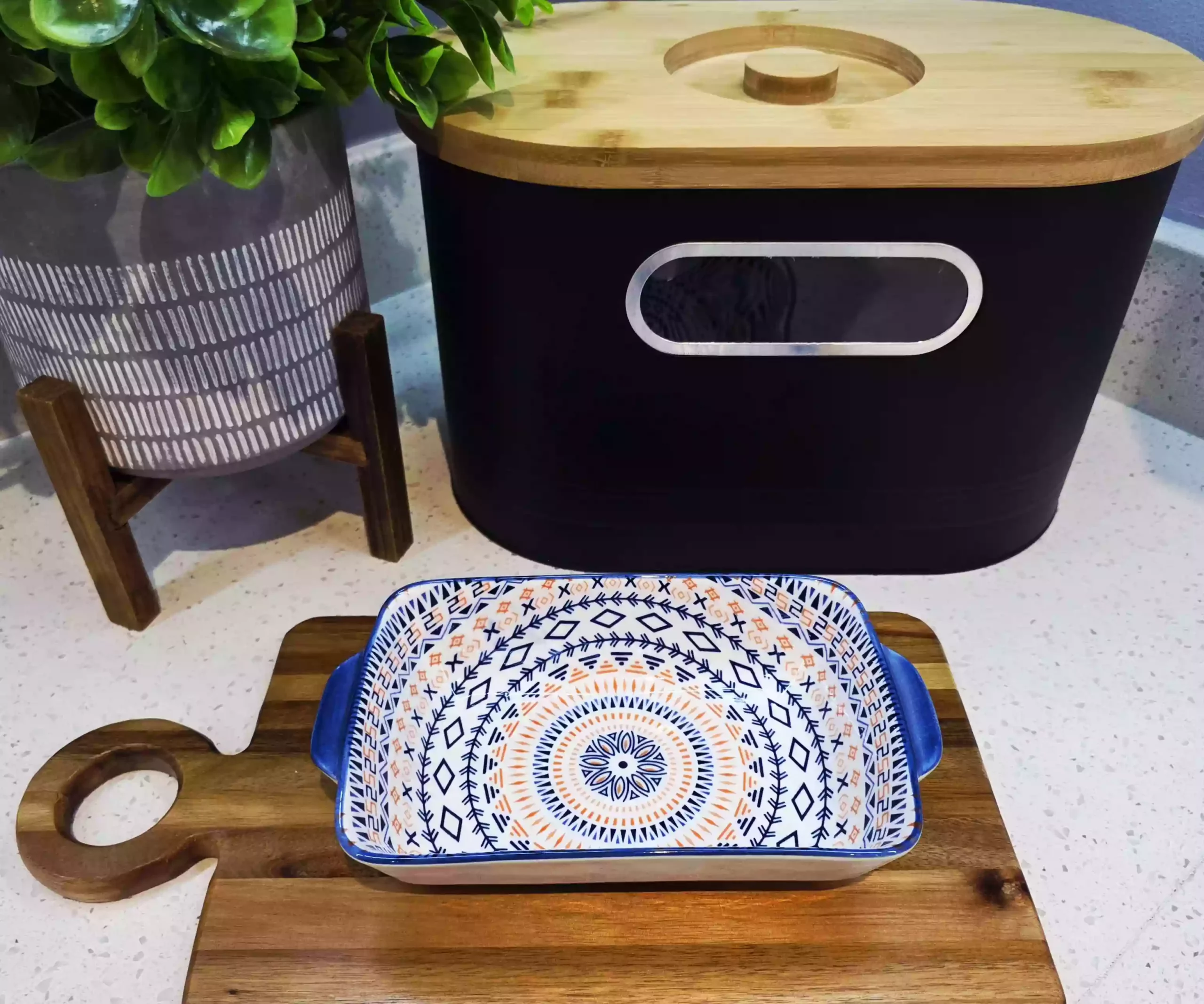 Rectangular Mandala Ceramic Serving Dish with Handles - Image 2