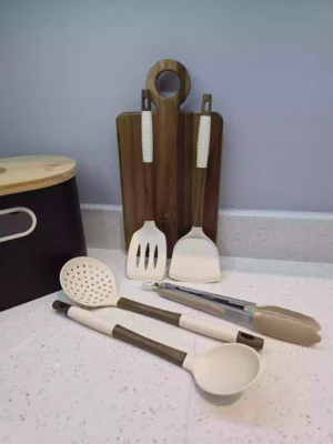 5-Piece Silicone & Wood Kitchen Utensil Set with Tongs