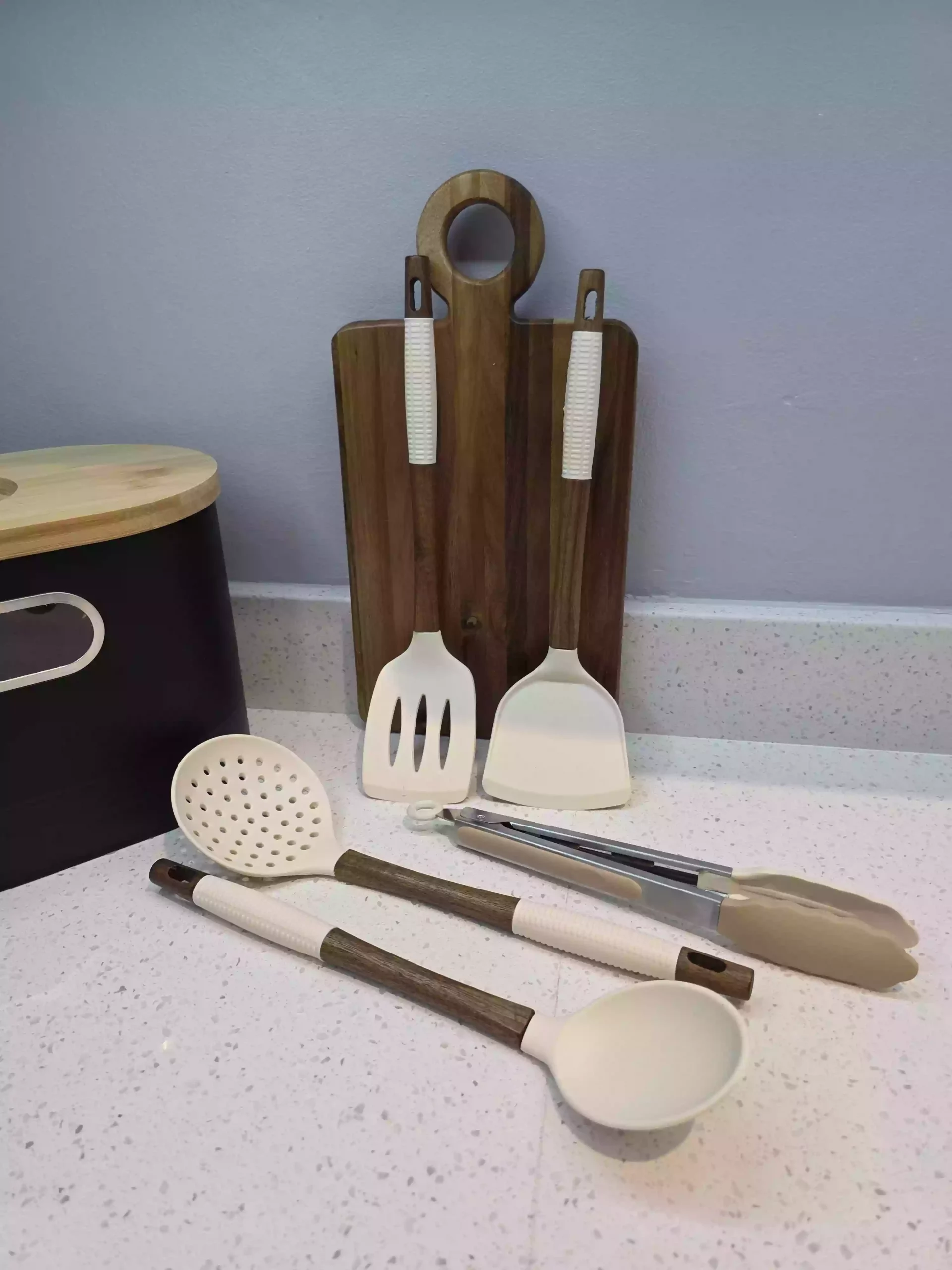 5-Piece Silicone & Wood Kitchen Utensil Set with Tongs