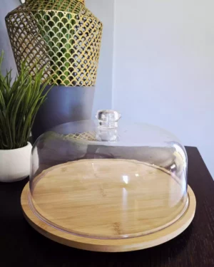 Turnable Cake Stand with Bamboo Wood Base & Plastic Cover