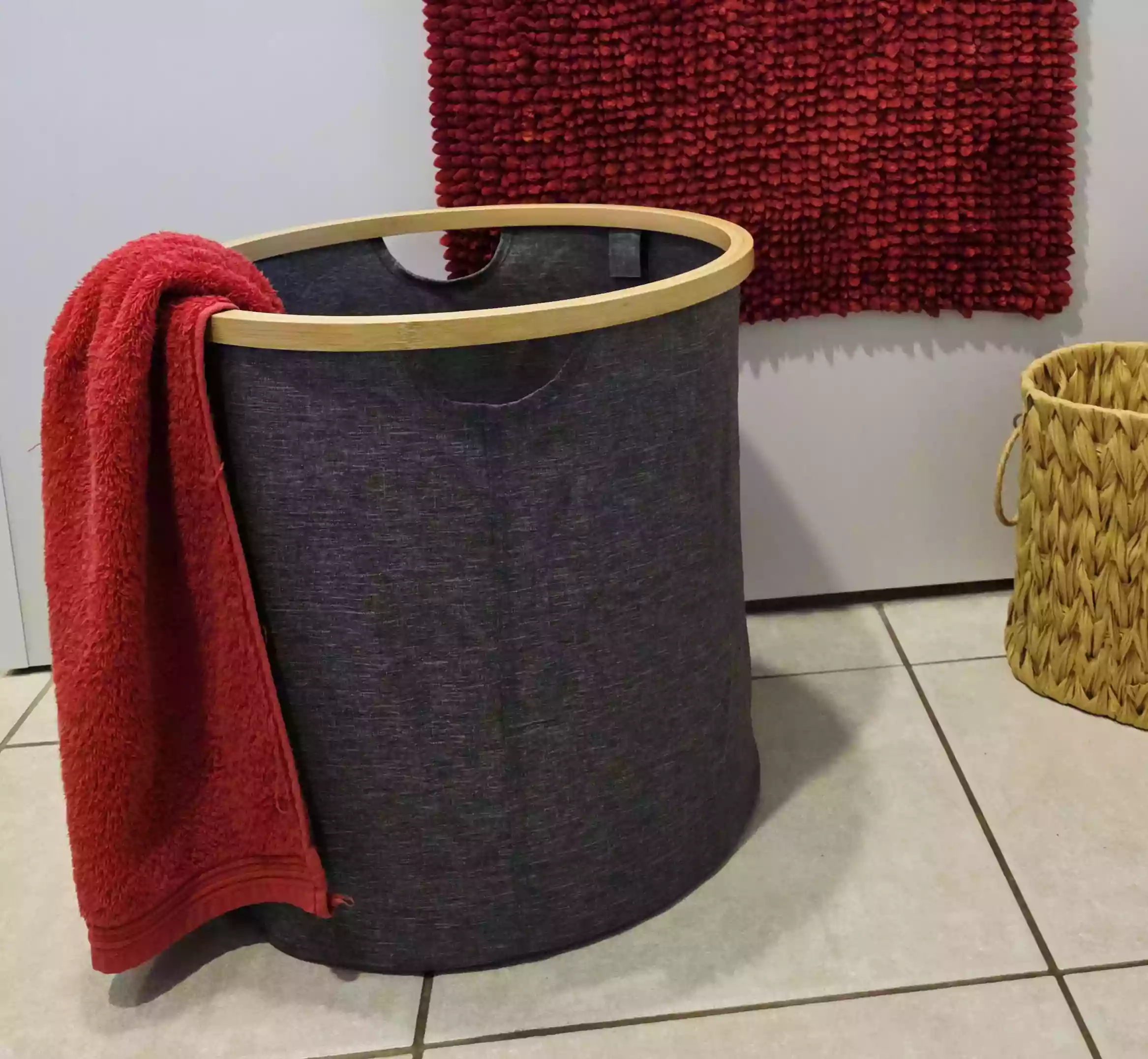 Grey & Bamboo Round Foldable Storage Basket - Image 4