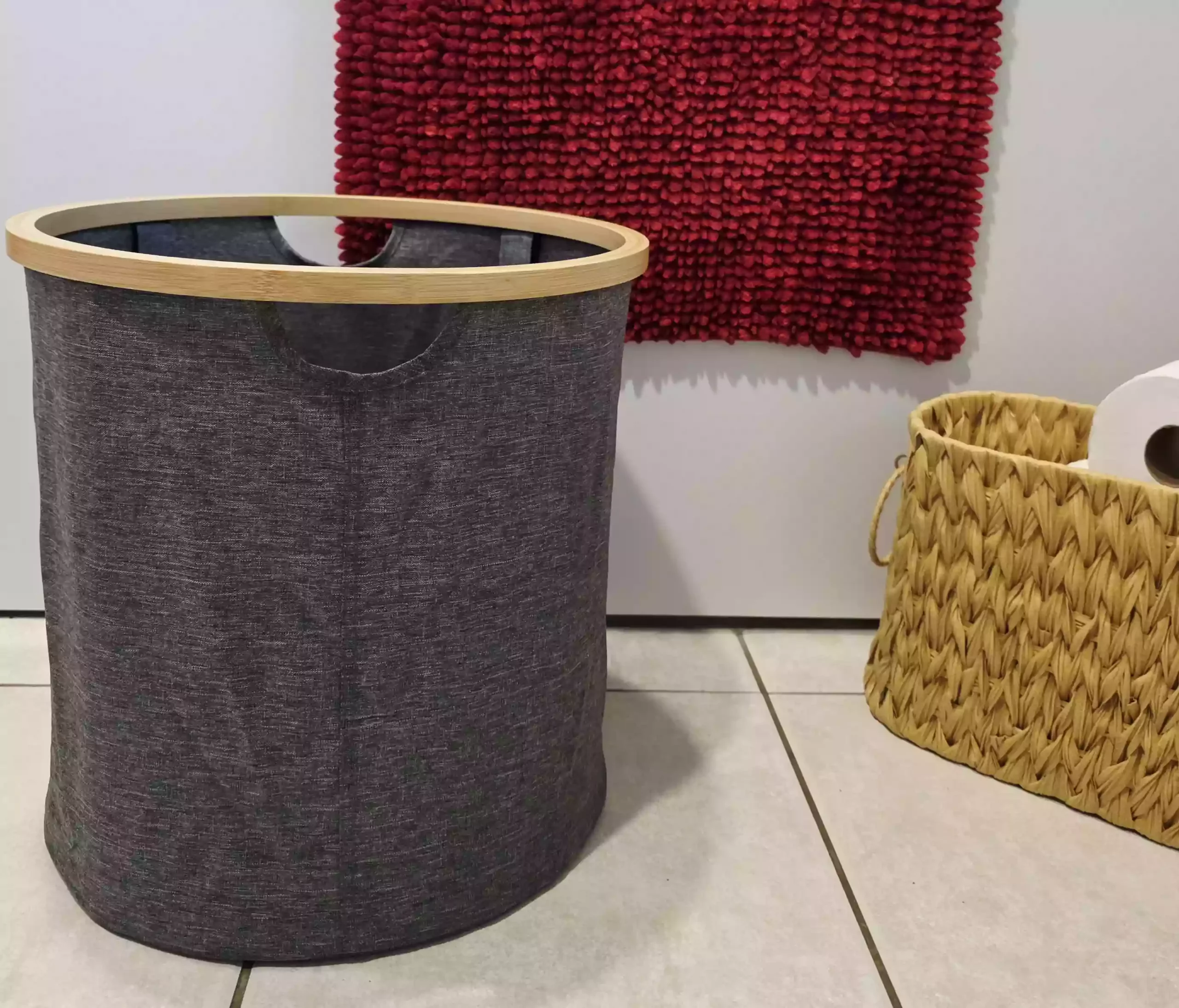 Grey & Bamboo Round Foldable Storage Basket - Image 2