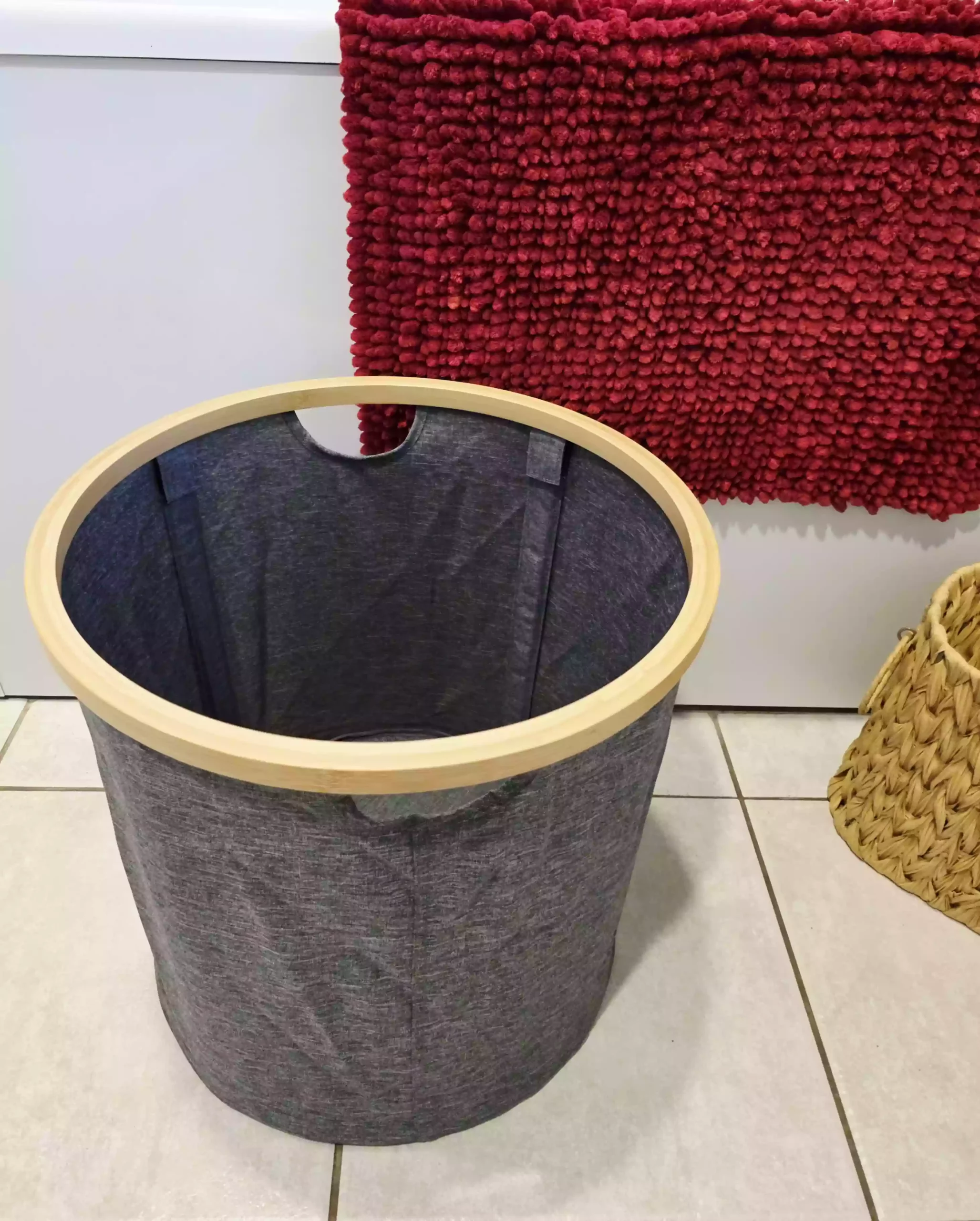 Grey & Bamboo Round Foldable Storage Basket