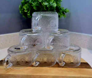 Set of 6 Vintage Style Clear Glass Mugs