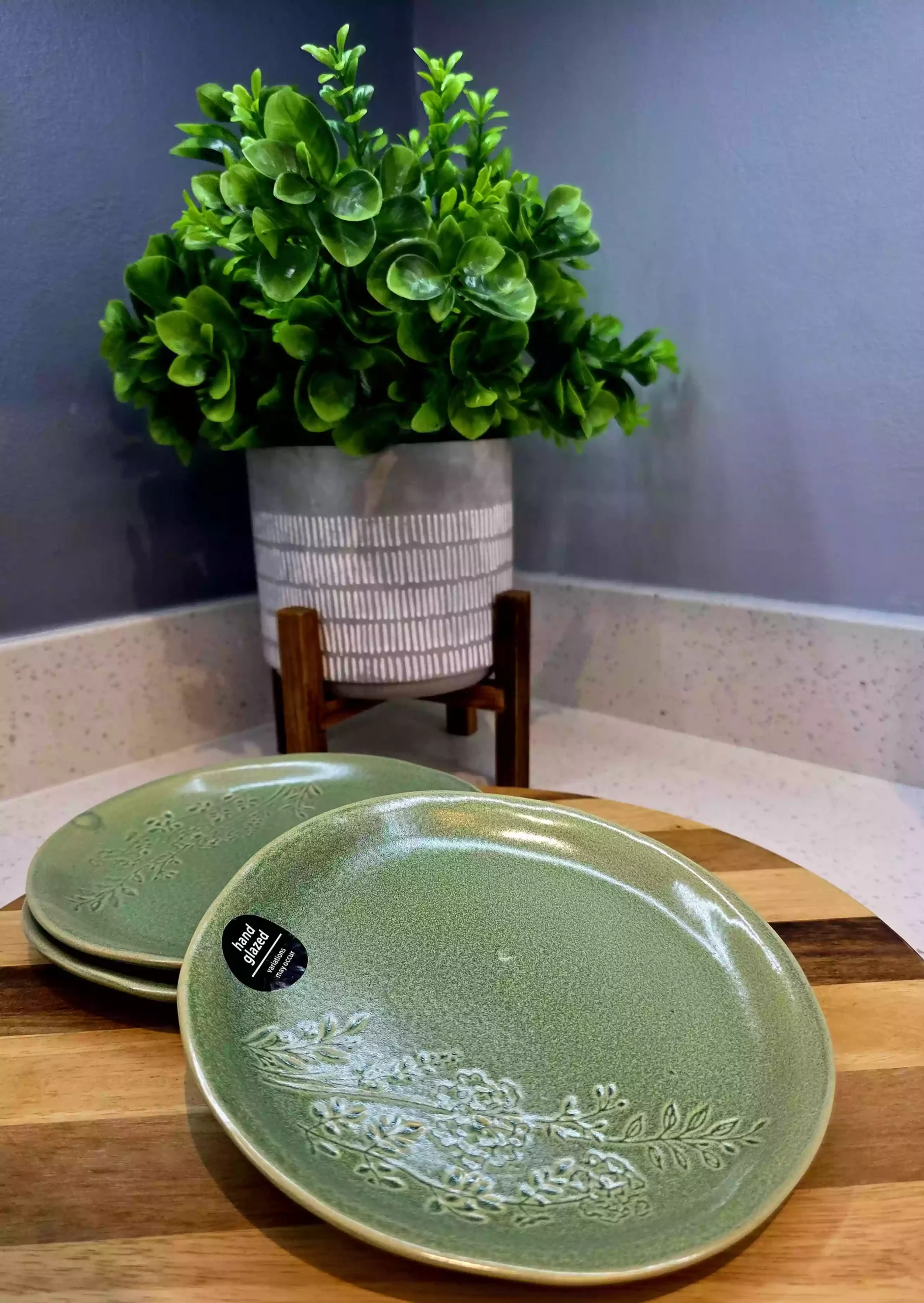 Set of 3 Green Hand-Glazed Side Plates