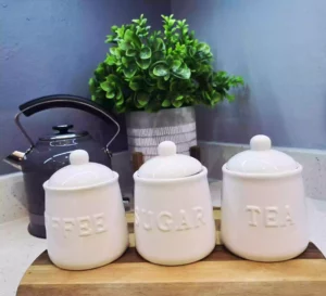Coffee, Sugar & Tea Embossed White Canister Set