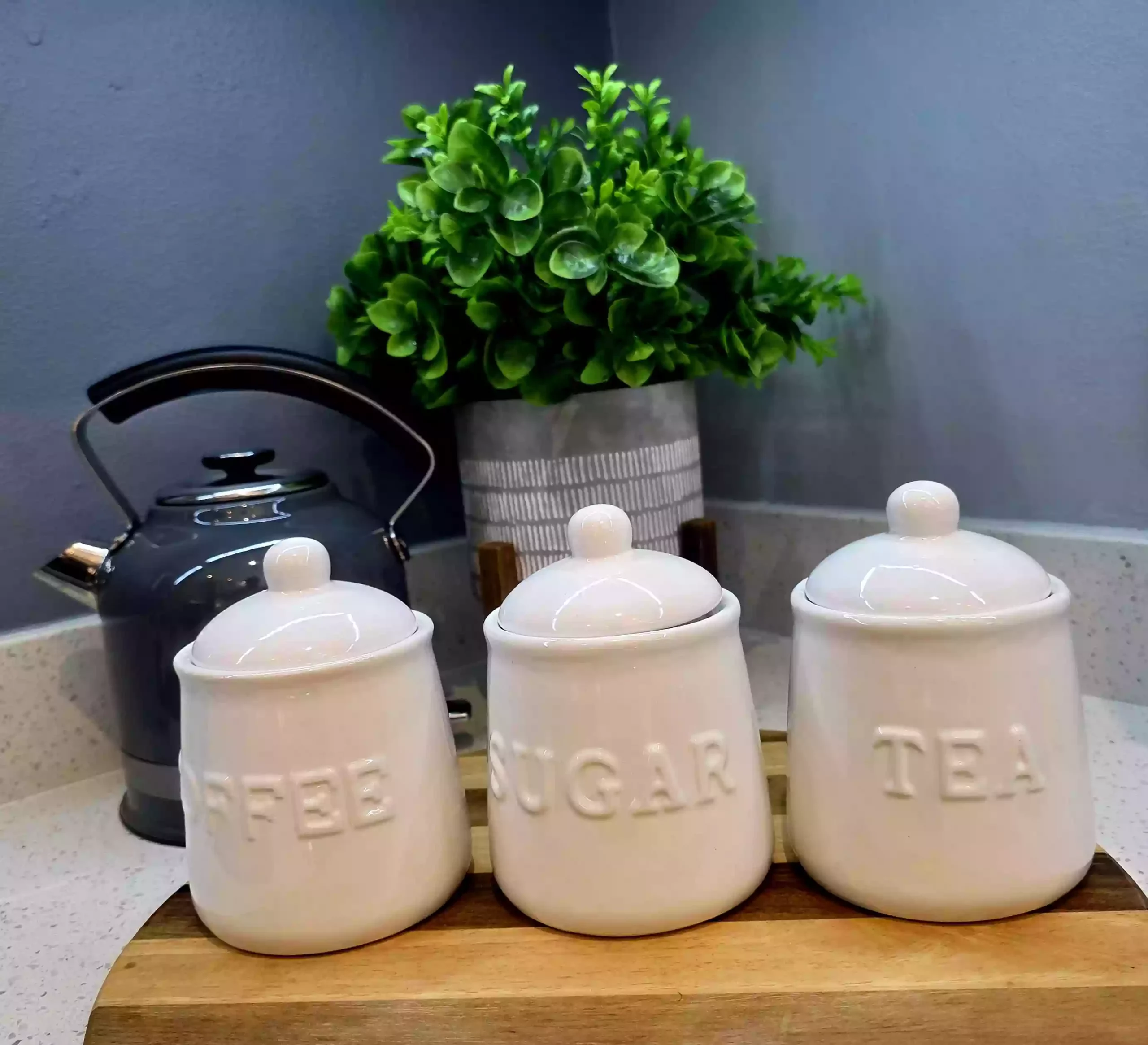 Coffee, Sugar & Tea Embossed White Canister Set - Image 3