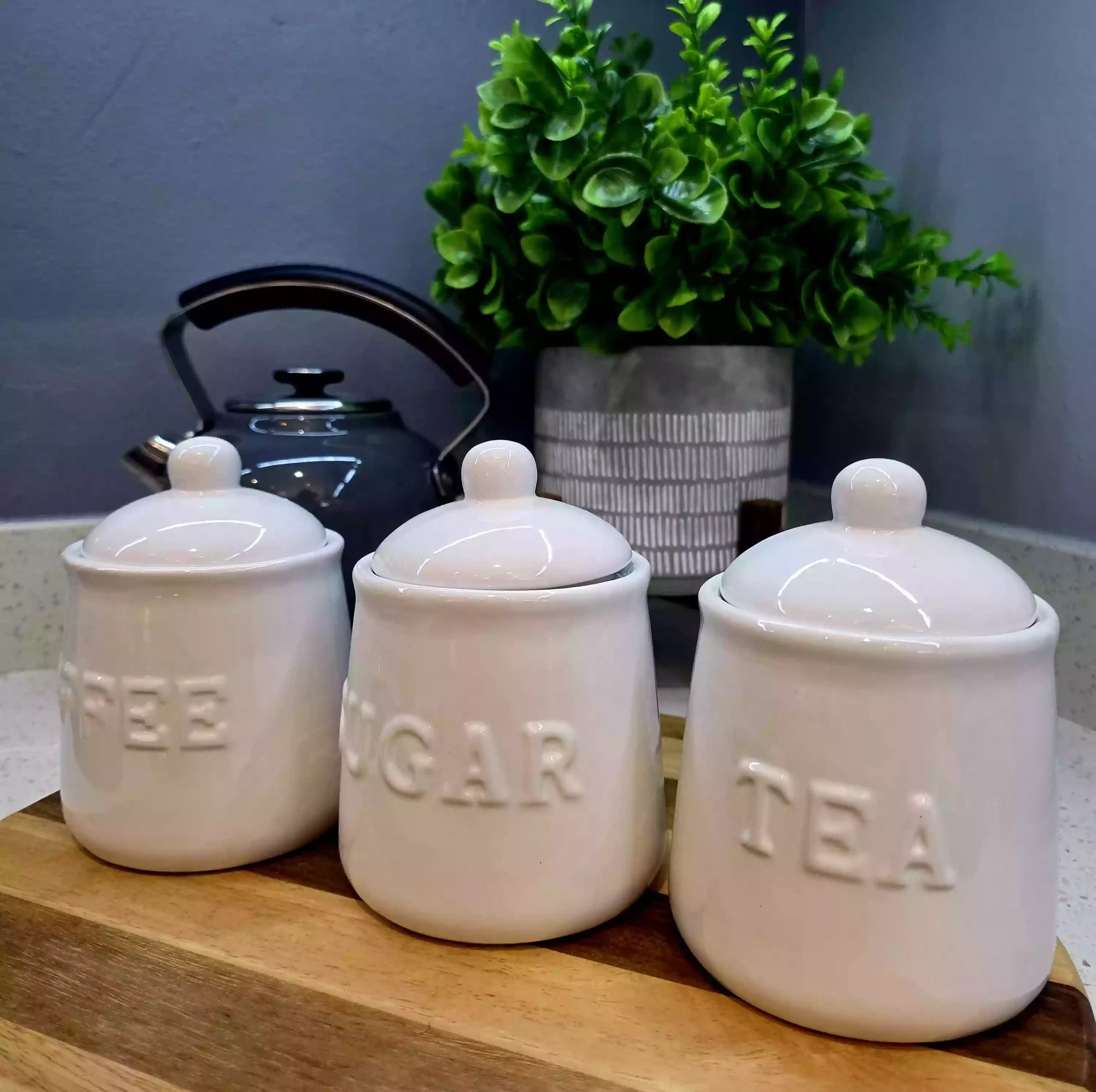Coffee, Sugar & Tea Embossed White Canister Set - Image 2